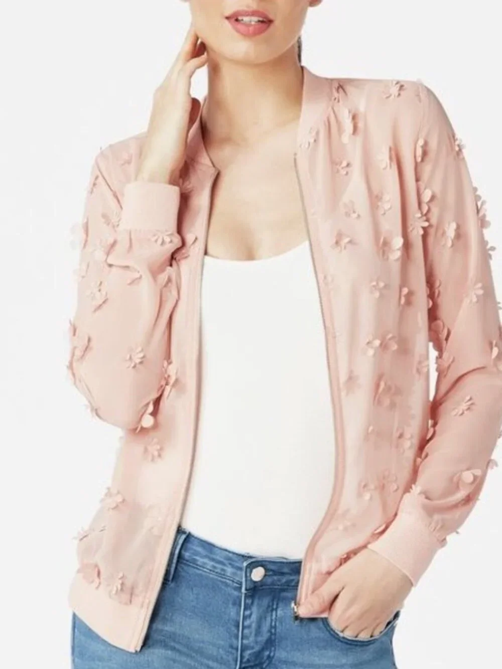 JustFab Bomber Jacket Sheer XL Adorned with 3D Floral Appliqués Mellow Rose - Picture 2 of 7